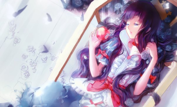 Anime picture 1400x852 with snow white and the seven dwarfs snow white criin single long hair blue eyes wide image looking away purple hair lying on back expressionless girl dress flower (flowers) bow petals frills rose (roses) fruit