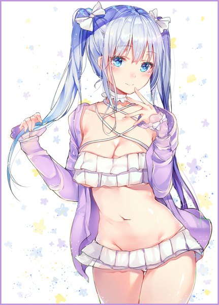 Anime picture 810x1126 with original takitou single long hair tall image looking at viewer blush fringe breasts blue eyes light erotic simple background smile hair between eyes large breasts standing white background twintails blue hair long sleeves