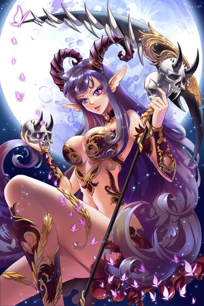 Anime picture 1000x1499 with chain chronicle sega guozi li single tall image looking at viewer fringe breasts light erotic purple hair very long hair pink eyes horn (horns) teeth fang (fangs) demon girl girl navel weapon moon