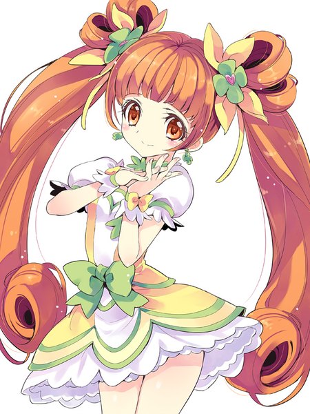Anime picture 600x800 with precure dokidoki! precure toei animation yotsuba alice cure rosetta yukiwo single long hair tall image blush simple background brown hair white background twintails brown eyes payot looking away blunt bangs light smile puffy sleeves