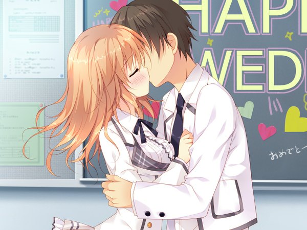 Anime picture 1280x960 with chiisana kanojo no serenade tagme (character) mizuka moriya long hair blush short hair black hair blonde hair brown hair game cg eyes closed hug kiss girl boy uniform ribbon (ribbons) school uniform necktie buttons