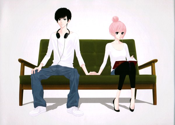 Anime picture 3431x2448 with vocaloid just be friends (vocaloid) megurine luka yunomi (yunomi imonuy) highres short hair black hair simple background white background sitting pink hair absurdres holding hands alternate hairstyle hair up girl boy headphones book (books) couch