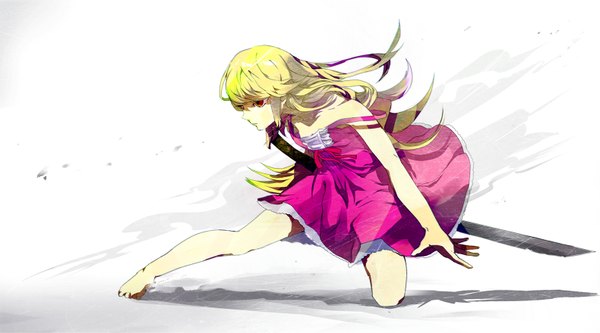 Anime picture 1580x879 with bakemonogatari kizumonogatari shaft (studio) monogatari (series) oshino shinobu itou (artist) single long hair blonde hair red eyes wide image bare shoulders barefoot loli girl sword katana sundress