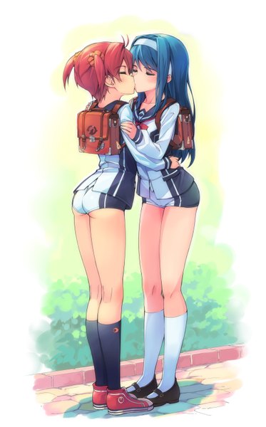 Anime picture 933x1500 with vividred operation isshiki akane futaba aoi (vividred operation) michairu long hair tall image blush short hair light erotic twintails multiple girls blue hair red hair eyes closed short twintails shoujo ai kiss girl 2 girls socks