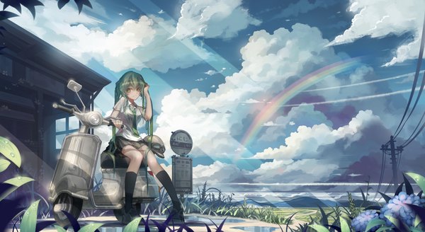 Anime picture 1922x1052 with vocaloid hatsune miku monono single long hair blush highres wide image twintails green eyes sky cloud (clouds) green hair light smile girl skirt plant (plants) socks necktie black socks