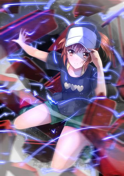 Anime picture 1018x1440 with to aru kagaku no railgun to aru majutsu no index j.c. staff misaka mikoto swordsouls single tall image looking at viewer short hair brown hair brown eyes lightning biribiri girl shorts flat cap