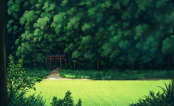 Anime picture 3807x2323 with original sasaj highres wide image absurdres no people landscape scenic field plant (plants) tree (trees) leaf (leaves) grass forest torii