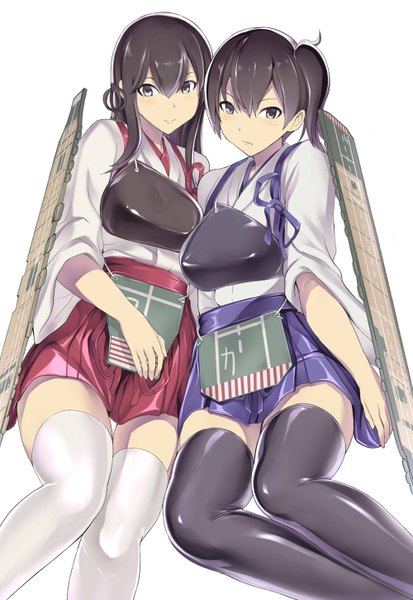 Anime picture 1000x1450 with kantai collection kaga aircraft carrier akagi aircraft carrier hakaba (dairiseki) long hair tall image looking at viewer short hair black hair simple background white background multiple girls black eyes girl thighhighs black thighhighs 2 girls white thighhighs armor breastplate