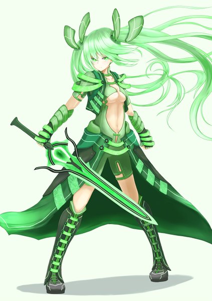 Anime picture 1200x1700 with original azure luna single long hair tall image breasts twintails green eyes green hair girl navel weapon sword boots
