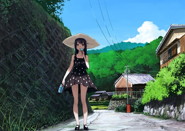 Anime picture 800x566 with original domo1220 single long hair looking at viewer fringe black hair standing bare shoulders holding sky cloud (clouds) outdoors sunlight bare legs shadow polka dot street girl dress