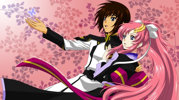 Anime picture 3150x1773 with mobile suit gundam gundam seed destiny sunrise (studio) lacus clyne kira yamato long hair highres short hair open mouth brown hair wide image pink hair absurdres ponytail couple girl boy uniform bow ribbon (ribbons)