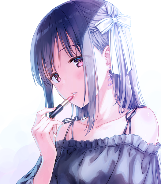 Anime picture 1000x1140 with original matsumoto erina hiten (hitenkei) single long hair tall image blush fringe simple background white background bare shoulders holding payot looking away purple hair upper body nail polish parted lips pink eyes fingernails
