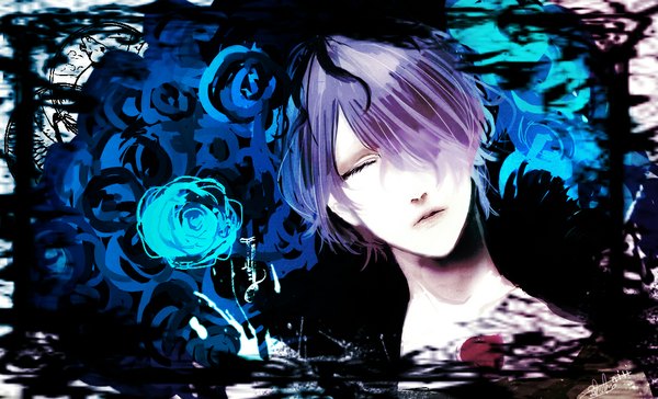 Anime picture 1050x637 with ib (game) garry (ib) single fringe short hair wide image purple hair eyes closed hair over one eye boy rose (roses)