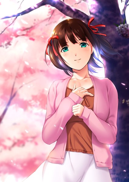 Anime picture 2480x3508 with idolmaster amami haruka dragon@harry single tall image looking at viewer highres blue eyes brown hair two side up cherry blossoms girl dress ribbon (ribbons) plant (plants) hair ribbon tree (trees)