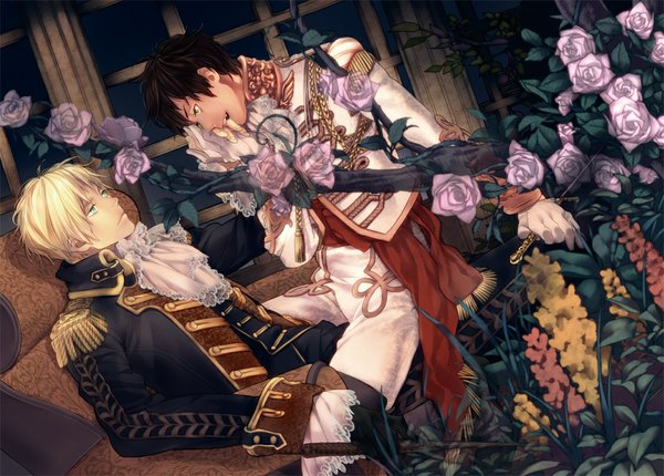 Anime picture 1054x757 with axis powers hetalia studio deen united kingdom (hetalia) spain (hetalia) ao (artist) short hair blonde hair brown hair sitting traditional clothes dutch angle shounen ai sitting on person sitting on lap boy gloves uniform flower (flowers) plant (plants) rose (roses)