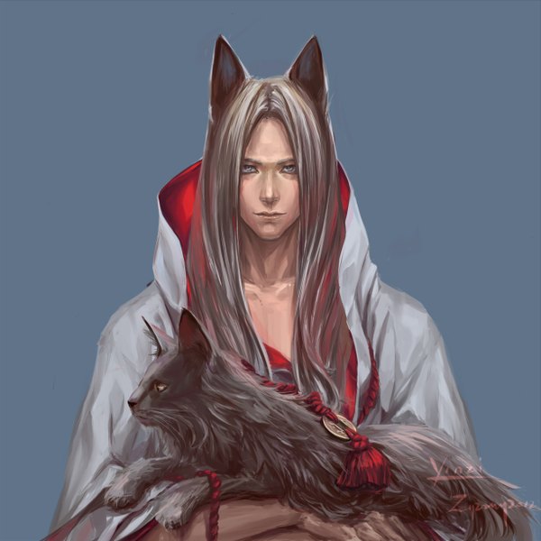 Anime picture 1228x1228 with original zzyzzyy long hair simple background signed animal ears grey hair cat ears grey eyes blue background boy animal cat rope