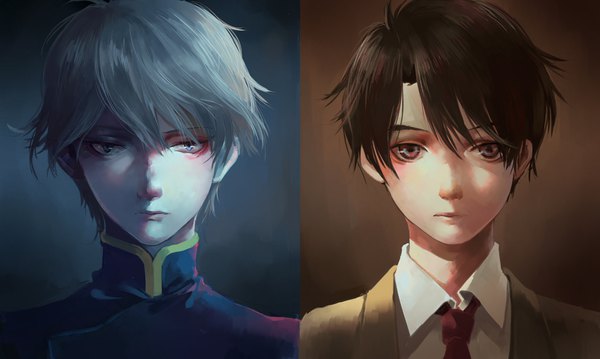 Anime picture 2362x1417 with aldnoah.zero a-1 pictures slaine troyard kaizuka inaho kibi looking at viewer fringe highres short hair blue eyes simple background hair between eyes brown hair wide image brown eyes silver hair grey background multiple boys portrait multiview