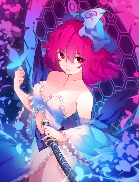 Anime picture 1476x1935 with touhou saigyouji yuyuko chiroru (cheese-roll) single tall image looking at viewer fringe short hair breasts light erotic hair between eyes red eyes pink hair cleavage sheathed butterfly on hand girl weapon hat sword