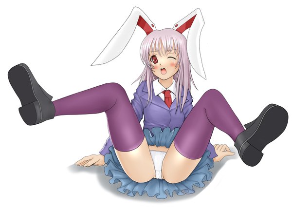 Anime picture 1500x1084 with touhou reisen udongein inaba kouhei (sxmas) single long hair blush open mouth light erotic simple background red eyes white background pink hair full body one eye closed arm support bunny ears spread legs bunny girl girl thighhighs