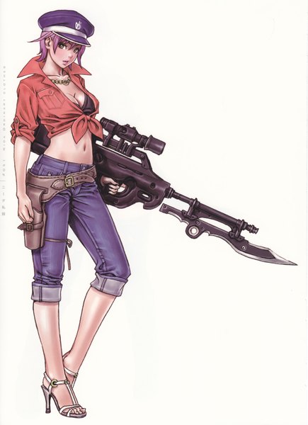 Anime picture 2472x3407 with original yamashita shunya single tall image blush highres short hair open mouth simple background white background green eyes purple hair girl navel weapon shoes gun necklace peaked cap sandals