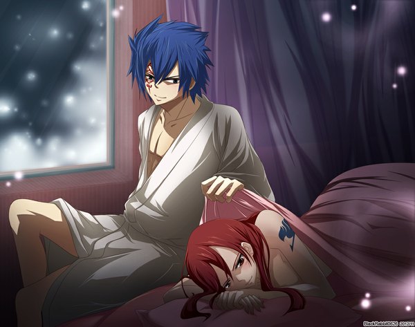 Anime picture 1014x800 with fairy tail erza scarlet jellal fernandes blackrabbit0626 long hair short hair blue eyes light erotic brown eyes blue hair red hair light smile tattoo face paint girl boy window pajamas blanket