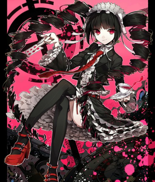 Anime picture 850x1000 with dangan ronpa celestia ludenberg wonoco0916 single tall image looking at viewer black hair smile red eyes sitting twintails very long hair nail polish high heels zettai ryouiki crossed legs drill hair lolita fashion girl thighhighs