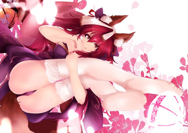 Anime picture 4960x3507 with fate (series) fate/extra tamamo (fate) (all) tamamo no mae (fate) mochigome (fatelly) single long hair looking at viewer fringe highres breasts open mouth light erotic hair between eyes white background brown eyes animal ears absurdres full body ass