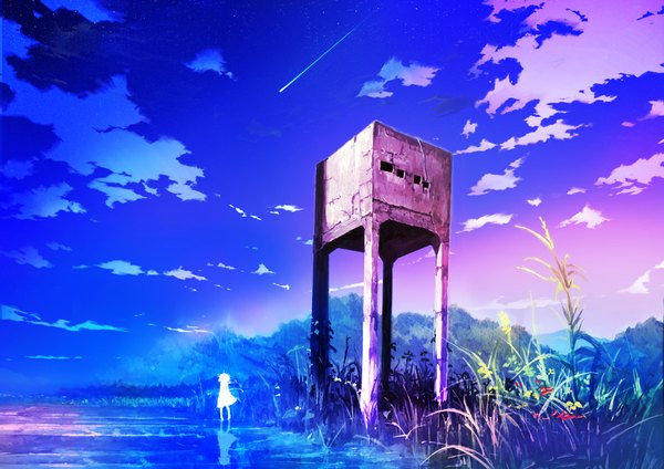 Anime picture 1800x1273 with original inz (pixiv) highres sky cloud (clouds) evening reflection landscape scenic silhouette ruins shooting star girl plant (plants) water building (buildings) grass