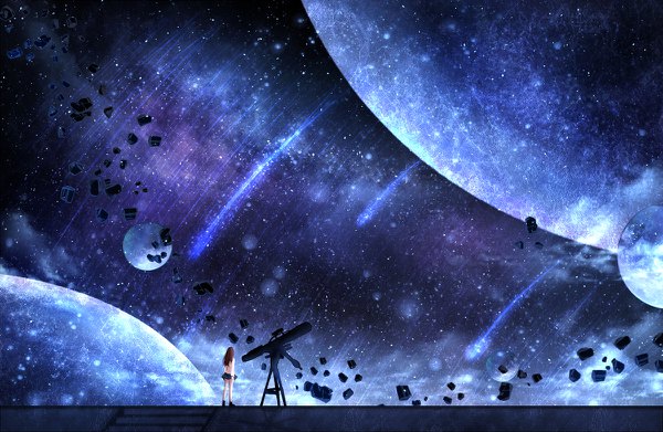 Anime picture 1200x782 with original czy single standing from behind night zettai ryouiki night sky space shooting star meteor rain girl thighhighs skirt white thighhighs black skirt star (stars) planet telescope