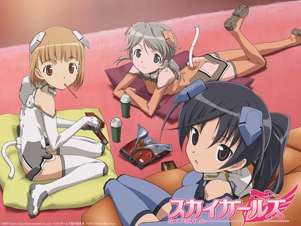 Anime picture 1600x1200 with sky girls j.c. staff sakurano otoha ichijo eika sonomiya karen highres light erotic smile eating sweets pocky