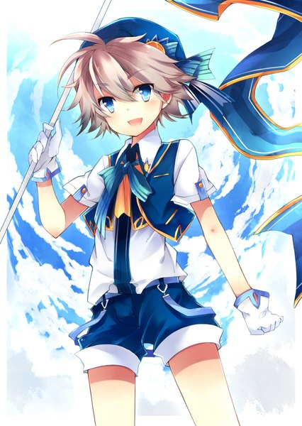 Anime picture 1240x1748 with original leeannpippisum single tall image looking at viewer short hair blue eyes smile standing sky cloud (clouds) grey hair boy gloves