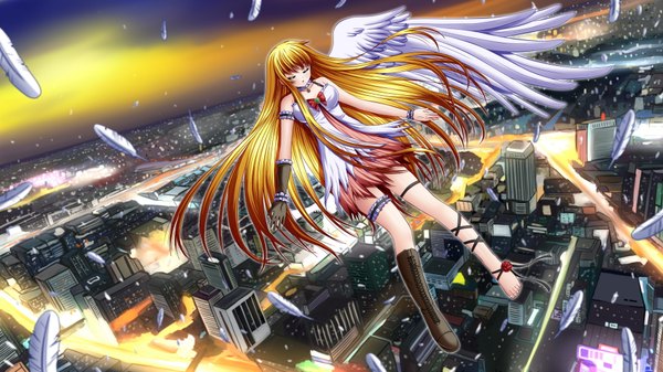 Anime picture 1920x1080 with ilolamai single long hair highres wide image eyes closed orange hair city girl dress wings