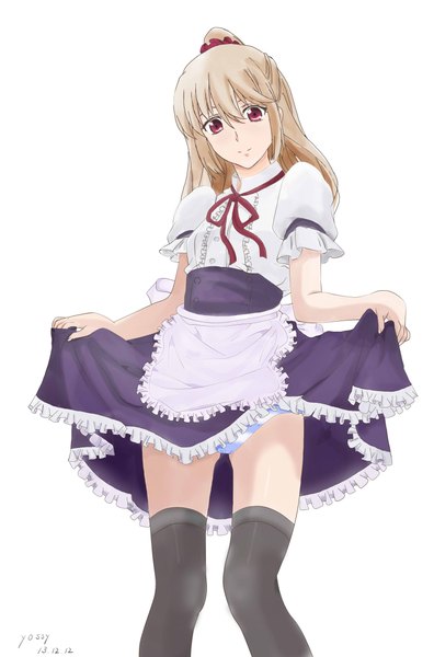 Anime picture 1559x2362 with strike the blood aiba asagi yossy (asd 456) single long hair tall image fringe light erotic simple background blonde hair red eyes white background ponytail from below maid skirt lift girl thighhighs skirt uniform