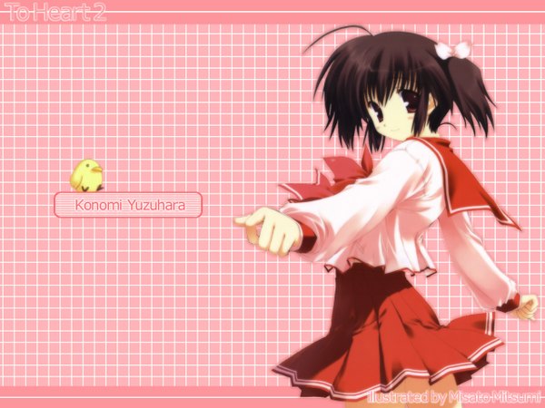 Anime picture 1280x960 with to heart 2 leaf (studio) yuzuhara konomi mitsumi misato single looking at viewer fringe short hair black hair hair between eyes red eyes twintails payot ahoge light smile wallpaper short twintails pink background third-party edit girl