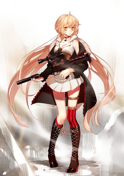 Anime picture 1174x1656 with girls frontline ots-14 (girls frontline) sptuel single long hair tall image fringe blonde hair hair between eyes standing bare shoulders holding yellow eyes payot looking away cleavage full body ahoge braid (braids) pleated skirt