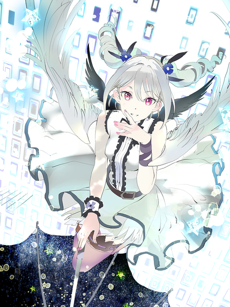 Anime picture 750x1000 with idolmaster idolmaster cinderella girls kanzaki ranko 119 single long hair tall image purple eyes twintails bare shoulders silver hair nail polish from above drill hair black wings white wings multiple wings beach angel girl thighhighs