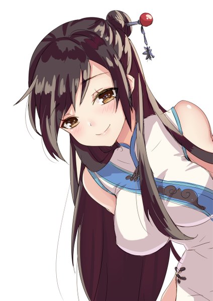 Anime picture 1753x2480 with overwatch blizzard entertainment mei (overwatch) o-yatsu single long hair tall image blush fringe highres breasts light erotic simple background smile brown hair large breasts white background bare shoulders brown eyes upper body