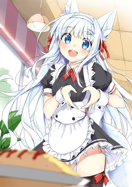 Anime picture 1000x1414 with the personification of atmosphere kuuki shoujo @ichigo single long hair tall image looking at viewer blush fringe open mouth blue eyes light erotic animal ears blue hair white hair indoors tail :d animal tail maid