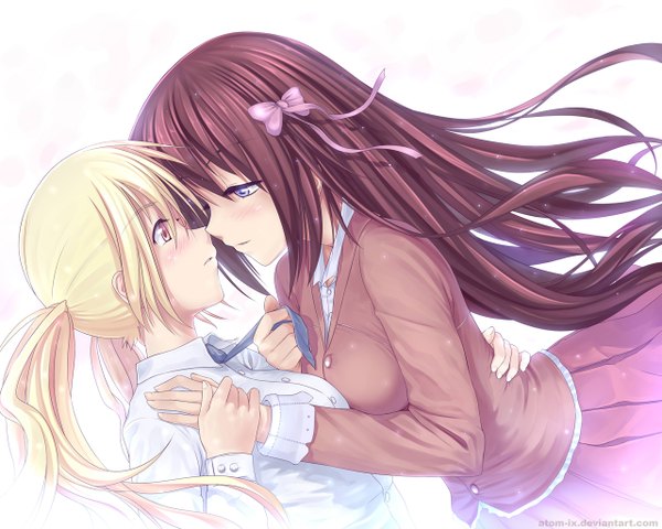 Anime picture 1280x1024 with original atomix long hair blue eyes blonde hair simple background brown hair white background multiple girls yellow eyes hug holding hands shoujo ai face to face girl bow 2 girls hair bow