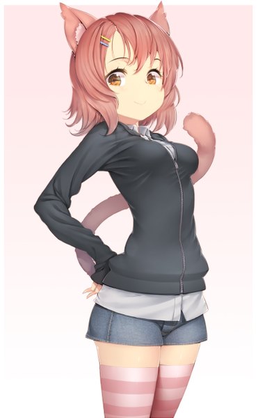 Anime picture 773x1250 with original zizi (zz22) single tall image looking at viewer fringe short hair smile standing brown eyes animal ears pink hair tail animal tail cat ears cat tail zettai ryouiki gradient background hands behind back girl