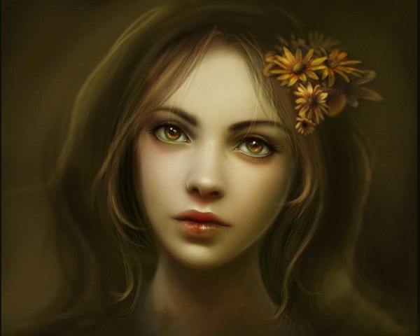 Anime picture 1070x856 with cris ortega (dark-spider) single long hair brown hair brown eyes hair flower lips realistic portrait close-up face framed girl hair ornament