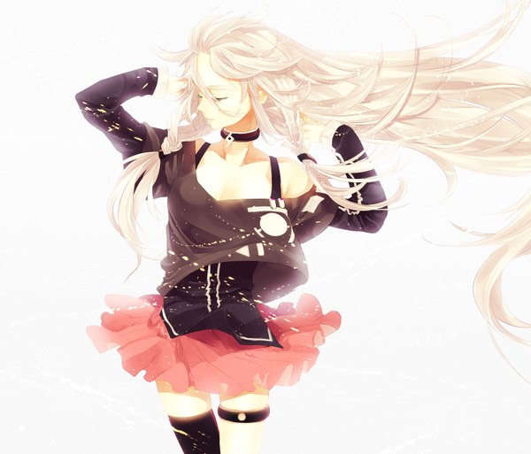 Anime picture 1500x1283 with vocaloid ia (vocaloid) kyama single long hair blonde hair simple background white background bare shoulders braid (braids) eyes closed twin braids girl thighhighs skirt choker belt thigh strap single thighhigh blouse