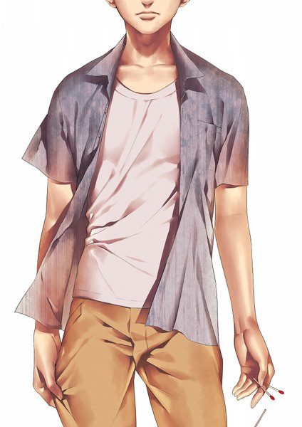 Anime picture 1280x1811 with tayuya1130 single tall image simple background standing white background wind head out of frame boy shirt pants t-shirt matches