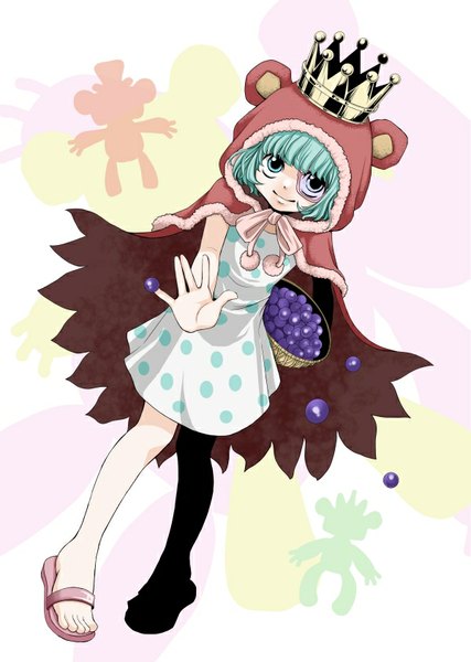 Anime picture 600x843 with one piece toei animation sugar (one piece) chikaburo single tall image looking at viewer short hair smile aqua eyes aqua hair polka dot girl dress food hood sundress toes crown berry (berries)