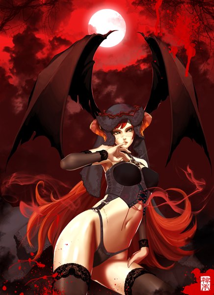Anime picture 1200x1650 with original ukero single long hair tall image light erotic sky red hair horn (horns) mole midriff mole under eye finger to mouth scar demon girl head wings succubus red sky crown of thorns girl