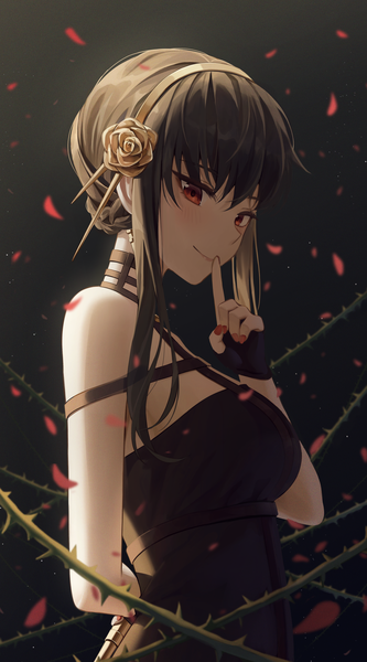 Anime picture 2308x4162 with spy x family yor briar pul (gks569) single long hair tall image looking at viewer fringe highres black hair simple background smile hair between eyes red eyes standing upper body braid (braids) nail polish fingernails finger to mouth