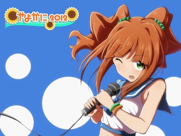 Anime picture 1600x1200 with idolmaster idolmaster cinderella girls takatsuki yayoi rariemonn single long hair open mouth green eyes one eye closed wink orange hair sailor swimsuit (idolmaster) girl bracelet microphone