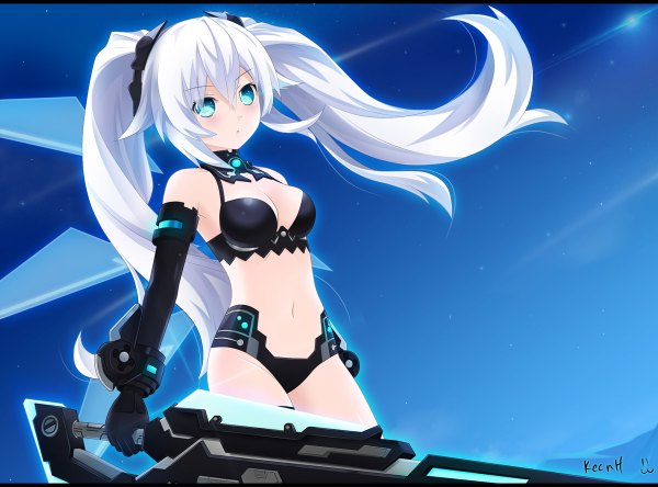 Anime picture 1200x888 with choujigen game neptune noire black heart keenh single long hair looking at viewer blush fringe breasts blue eyes light erotic hair between eyes twintails bare shoulders holding signed payot sky ahoge