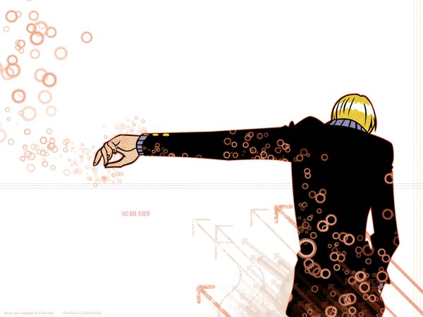 Anime picture 1600x1200 with one piece toei animation sanji single short hair simple background blonde hair standing white background from behind copyright name text outstretched arm hand in pocket boy suit