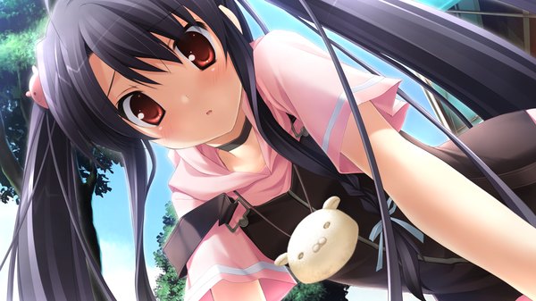 Anime picture 1920x1080 with with ribbon haruka hinata long hair blush highres black hair red eyes wide image twintails game cg loli girl
